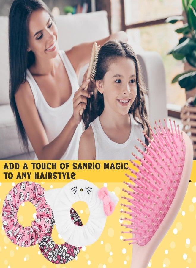 Hello Kitty Sanrio Hair Brush & Scrunchies Set for Girls, Teens, Women, Kuromi, Cinnamoroll Cute Stuff, Detangler Brush, Kawaii Gifts for Her (Hello Kitty Brush & Scrunchies) - Image 2